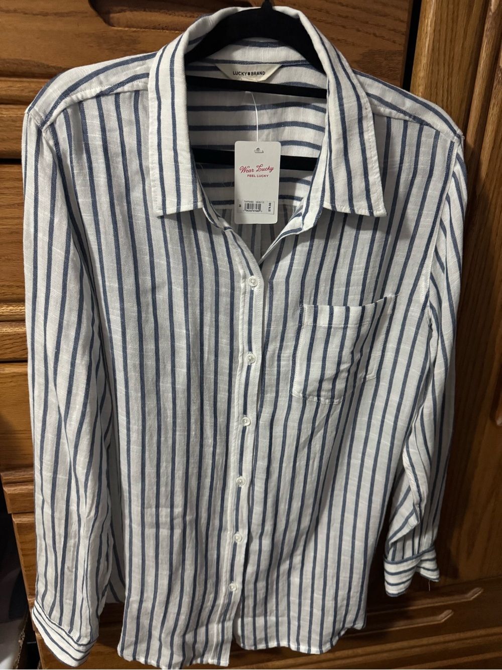 Lucky Brand woman Blue & White Stripe Button-Up Shirt size medium